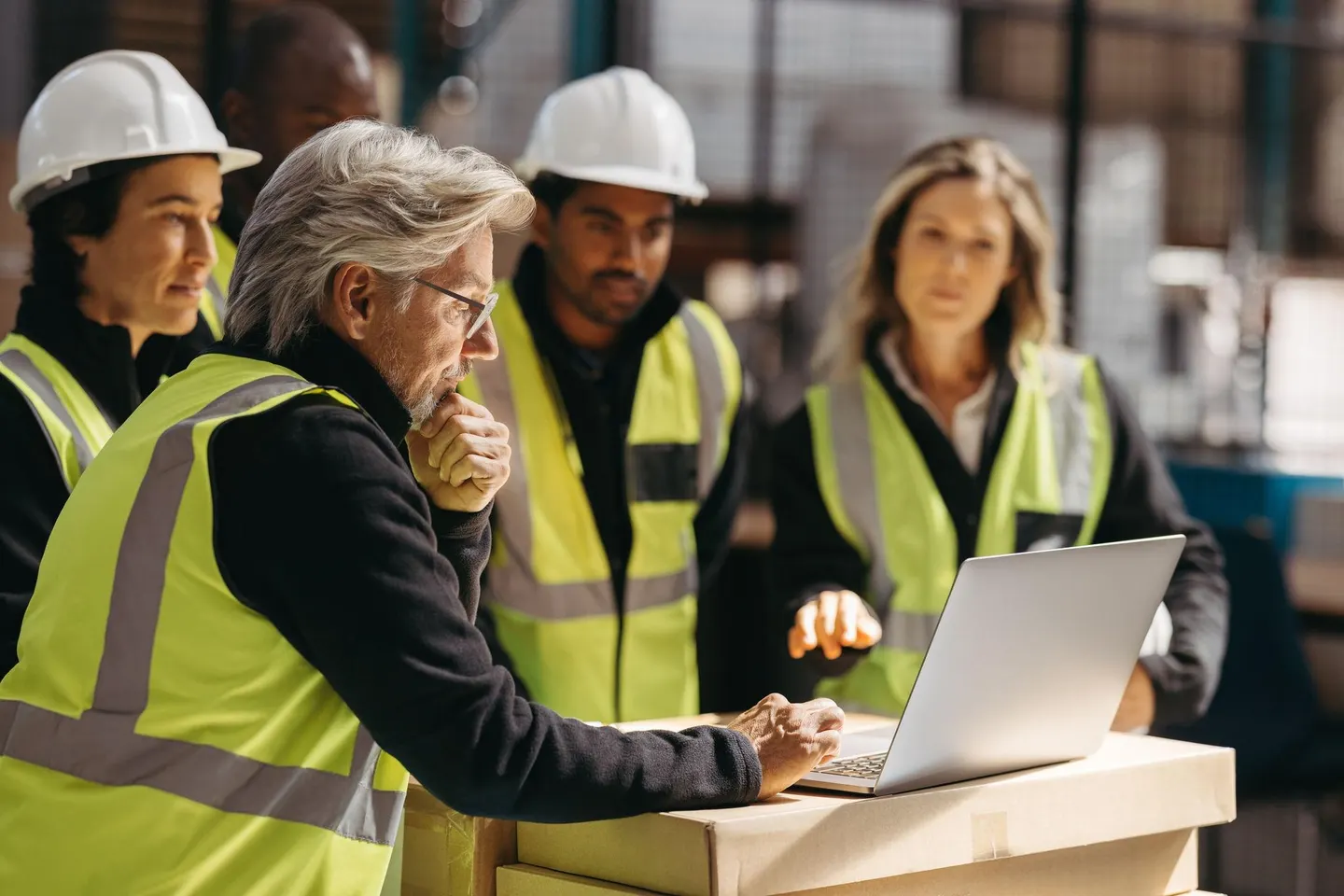 A site team gathered around a laptop, reviewing the day’s labour