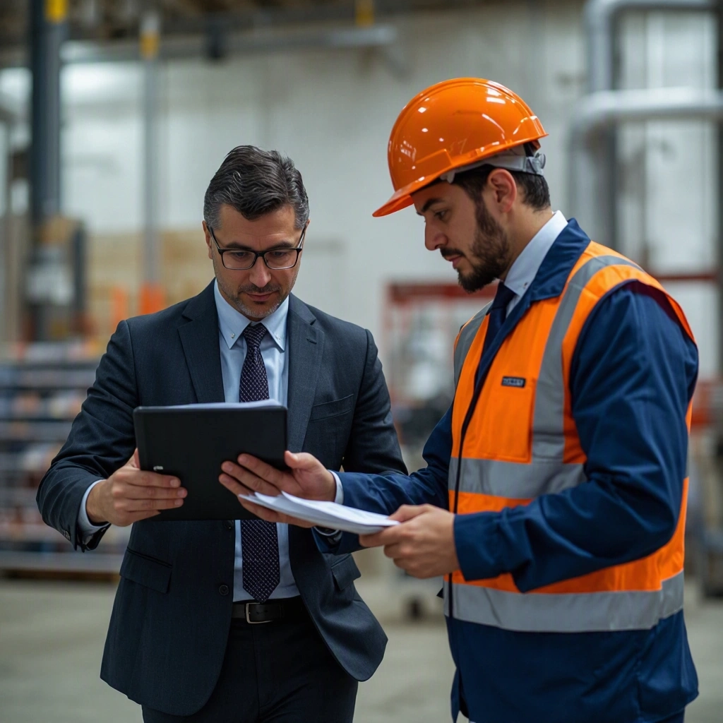 A contractor and a site manager checking paperwork against a tablet