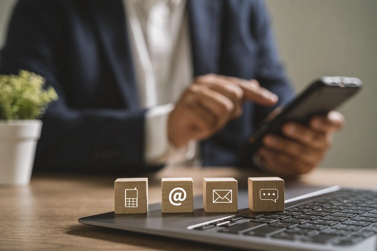 A laptop and phone beside wooden blocks showing call, email and message icons