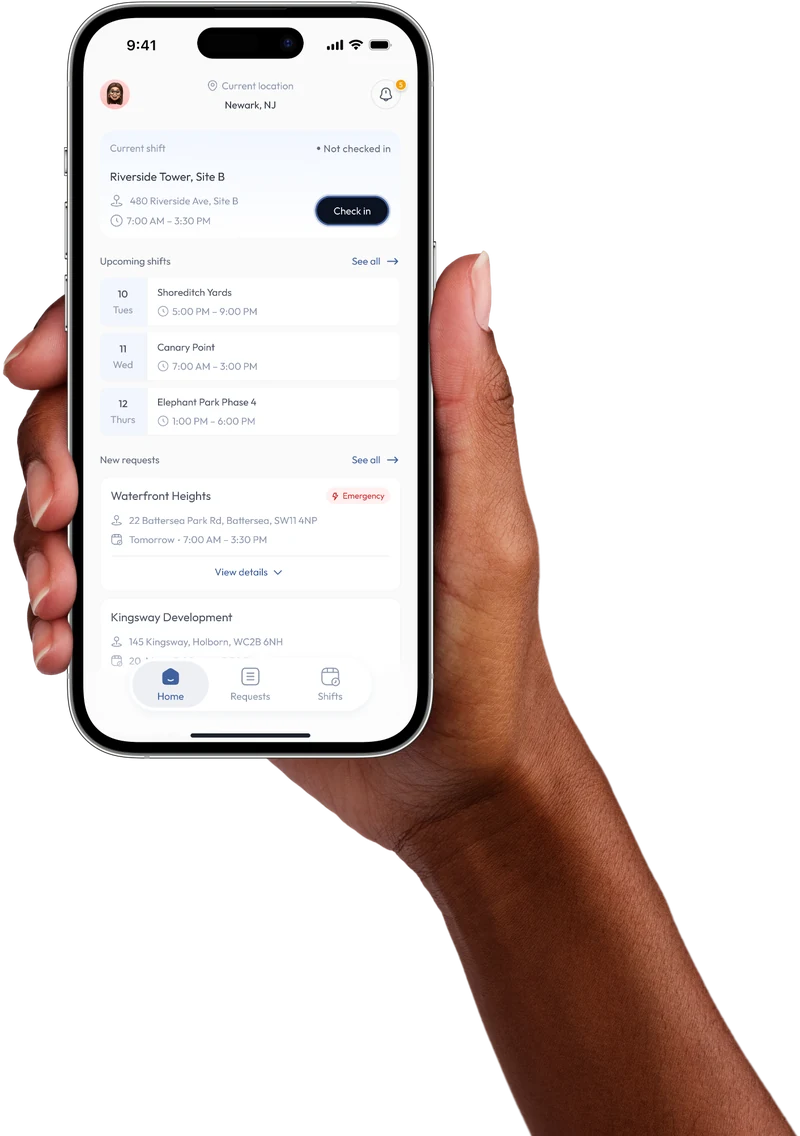 The Gild worker app showing today’s shift, upcoming shifts and new job requests